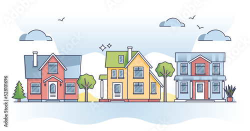 Cottage building exterior and family house real estate style outline concept. Downtown property facade with street view vector illustration. Cosy residence in beautiful neighborhood with foliage.