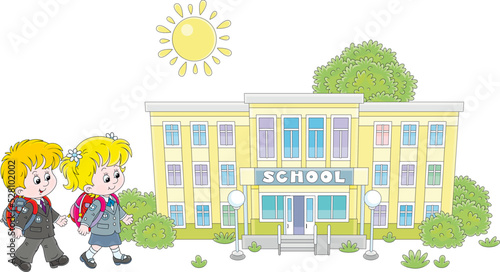 Happily smiling schoolchildren with schoolbags going to their school on a sunny day, vector cartoon illustration