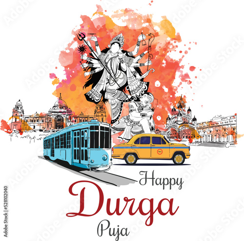 easy to edit vector illustration of Happy Durga Puja India festival holiday background Kolkata 