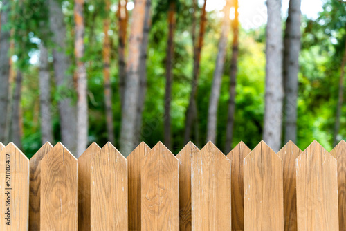 Country wooden fence against the pine forest.