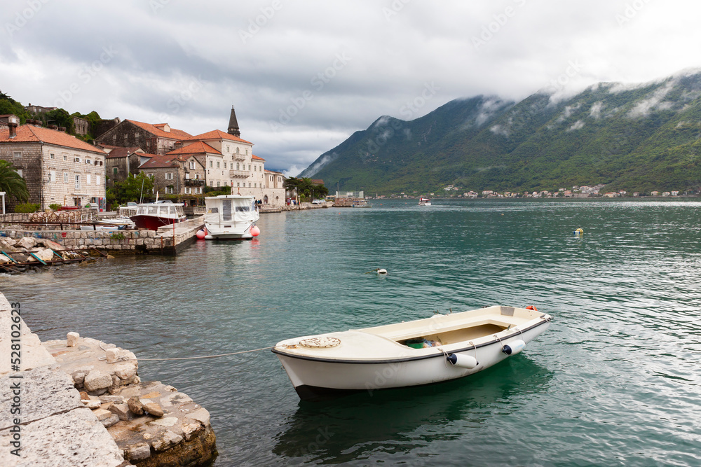 The waterfront at Perast, a pretty village on the shores of the Bay of Kotor, Montenegro