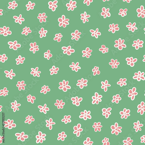 Cute retro floral petal seamless repeat pattern. Random placed, vector flowers all over surface print on sage green background.