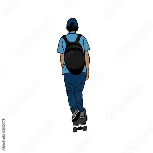 Teenager, a student with a backpack moves around the city on a skateboard. Vector illustration of a skateboarder isolated on a white background.