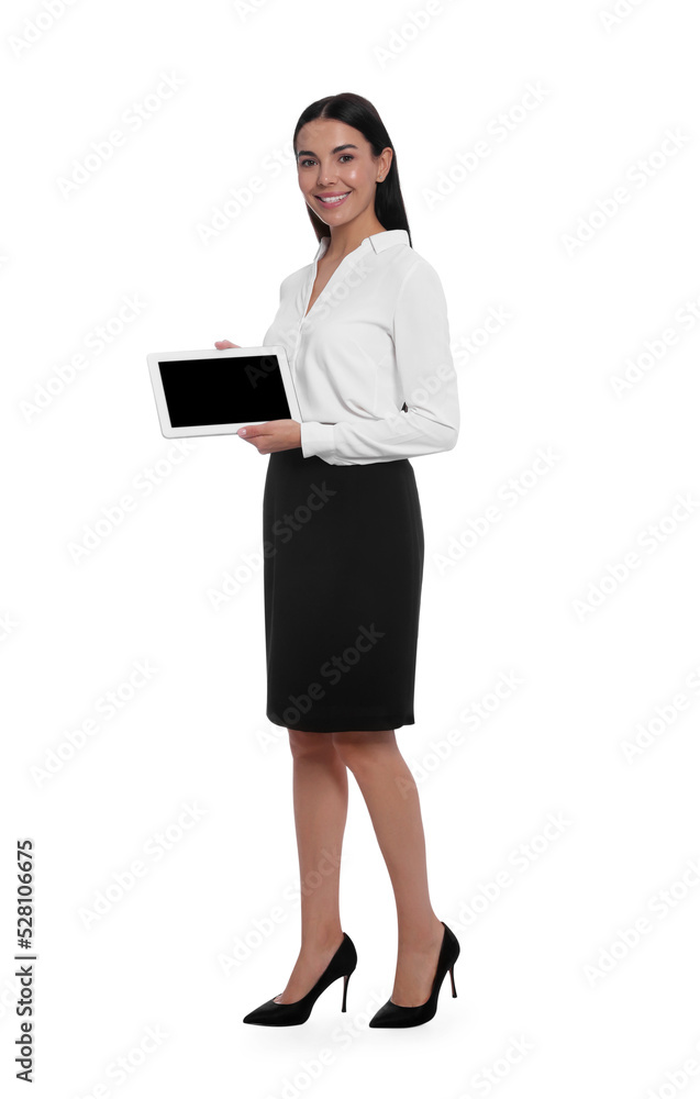 Full length portrait of hostess in uniform with tablet on white background Full length portrait of hostess in uniform with tablet on white background