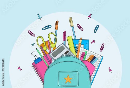 LIght blue backpack full of different school stationery on color background. Illustration