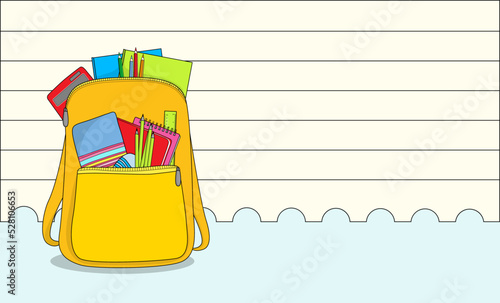 Yellow backpack full of different school stationery and sheet of copybook on white background, space for text. Illustration