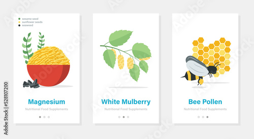 Nutritional food supplements vector onboarding collection. Isolated vertical templates with products illustrations