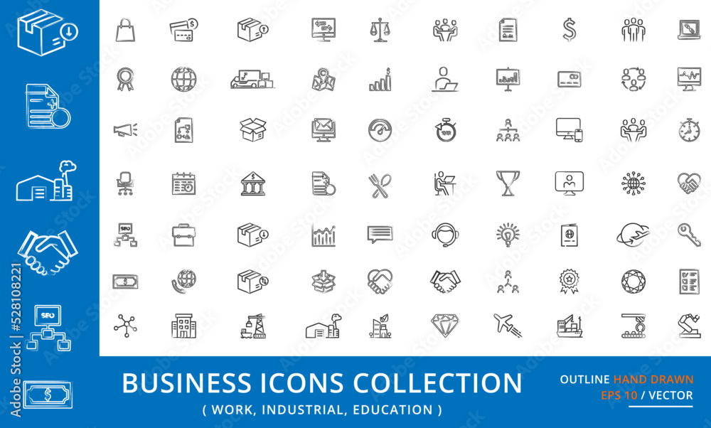 Business icon set Collection of most used icons in hand drawn style,
Set of marketing, advertising and promotion campaign thin line icons. Outline symbol collection vector.