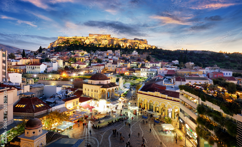 Athens skyline with Acropolis at night, Greece