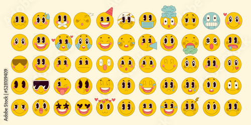 Cartoon retro emoji set in linear style. Vintage icons sticker label in 70s, 80s, 90s style. Flat vector illustration. Emoticon design templates for posters, logos. Face with different emotions photo