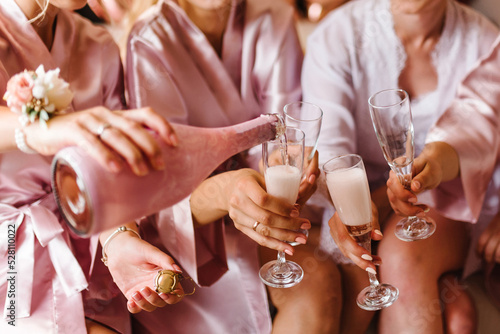 Young bridesmaids clinking with glasses of champagne in hotel room. Closeup photo of cheerful girls celebrating a bachelorette party. Females have toast with wine.