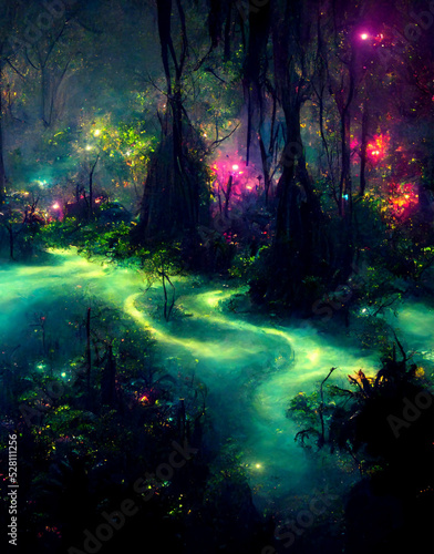 dark green fairy tale forest with ethereal lights digital art