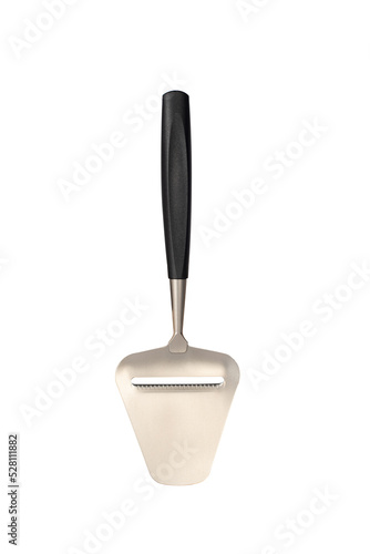 Obraz na plátně Cheese slicer - a knife for cutting cheese with a blade and a black handle is made of stainless steel on a white background