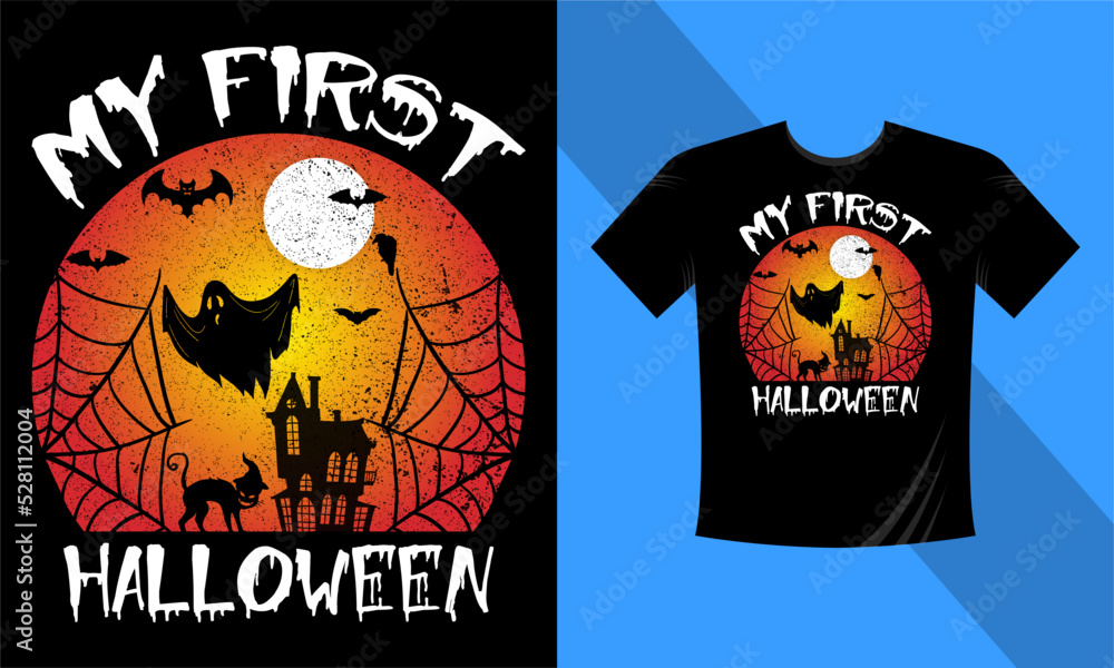 My First Halloween - Best Halloween T-Shirt Design Template. Pumpkin, Night, Moon, Witch, Mask. Night background T-Shirt for print.