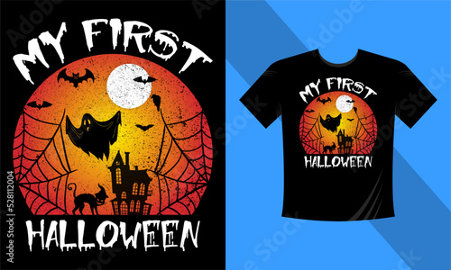 My First Halloween - Best Halloween T-Shirt Design Template. Pumpkin  Night  Moon  Witch  Mask. Night background T-Shirt for print.