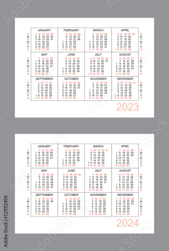 Horizontal calendar for 2 years - 2023, 2024. Simple calendar grid isolated on a white background, Sunday to Monday, business template. Yearly calendar ready for print. Vector illustration.