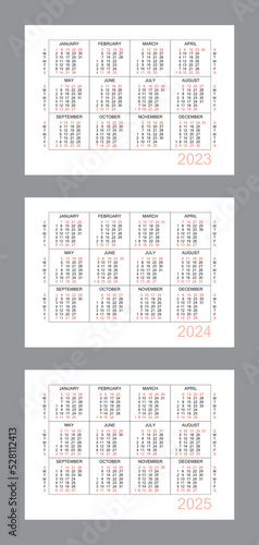 Horizontal calendar for 3 years - 2023, 2024, 2025. Simple calendar grid isolated on a white background, Sunday to Monday, business template. Yearly calendar ready for print. Vector illustration.