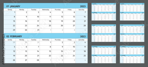 Horizontal calendar for 2023 years, 2 months on 1 page. Simple calendar grid isolated on a white background, Sunday to Monday, business template, ready for print. Vector illustration.