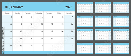 Horizontal calendar for 2023 year, 1 month on each page. Simple calendar grid isolated on a white background, Sunday to Monday, business template. Monthly calendar ready for print. Vector illustration