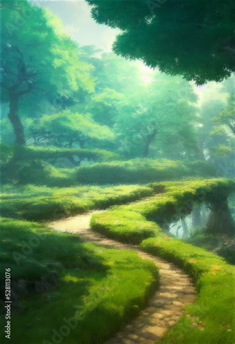 A beautiful rural nature forest. An Illustration in an Anime background animation style.