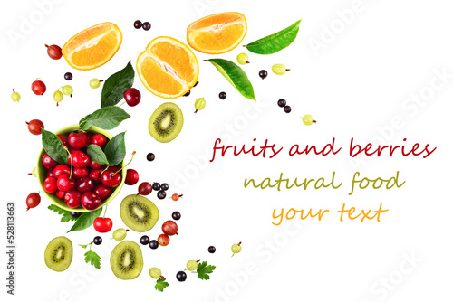 ripe cherry fruit and berries in a bowl of pistachio on a white background  top view  space for text  horizontal