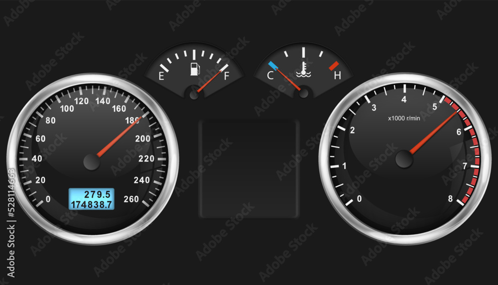 Car dashboard speedometer, tachometer gauge, fuel and engine temperature. Realistic car's dashboard. Vector illustration.
