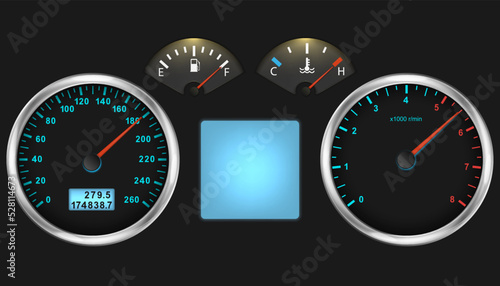 Car dashboard speedometer, tachometer gauge, fuel and engine temperature. Realistic car's dashboard. Vector illustration.