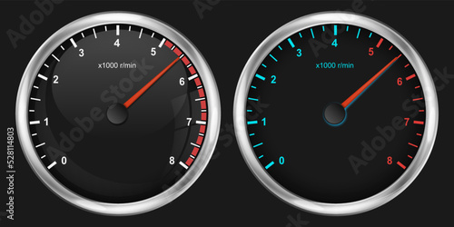 Realistic tachometer. Realistic glossy rounded buttons with tachometer. Vector illustration.