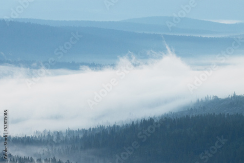 Moving mist between fells during a summer night in Urho Kekkonen National Park, Northern Finland