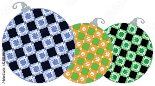 A trio of colorful blue, green and gold ornaments with hand drawn and computer generated design elements png illustration isolated on transparent background