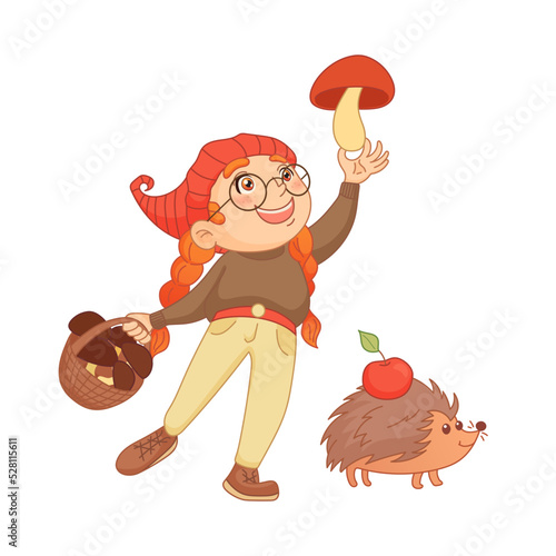 Cute girl picking mushrooms. Character holding big mushroom in arm. Hedgehog with an apple on back. Cozy autumn illustration in cartoon style. Vector art isolated on white background.