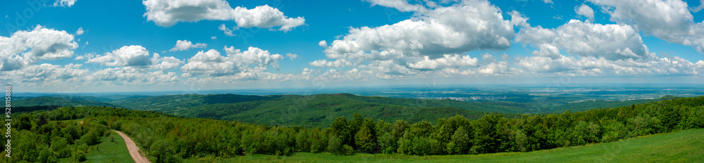 Panorama of the spring forest near the mountain town. Picturesque landscape of a sunny day. Panorama of the spring forest near the mountain town. Picturesque landscape of a sunny day.