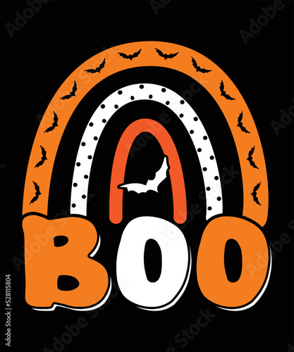 Happy Halloween Rainbow Boo T Shirt, Halloween Boo Bat Shirt, Halloween Retro Vintage Rainbow Shirt Print Template