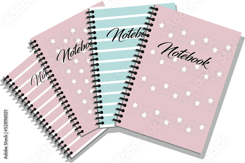 A group of school notebooks in pastel colors, some of them carry white stars with a pink background, and some of them have broad stripes with the word “notebook” written on them.
