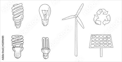 Energy saving light bulbs, windmill, solar panel and recycle icon. Hand drawing line vector set.