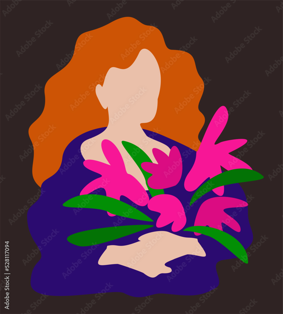 Vector simple portrait of headhead woman with flowers on dark background. Vector simple portrait of headhead woman with flowers on dark background.