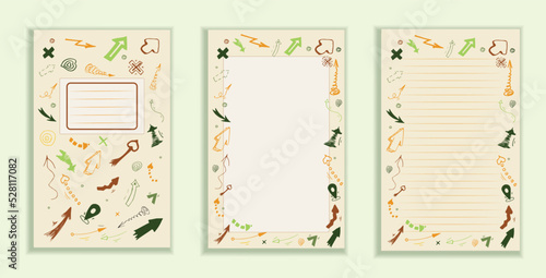 set pages diary with cover and page in line decor arrows first pages notepad