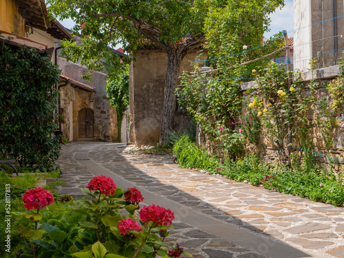 Lovely stone street winding through picturesque small historic village Šmartno