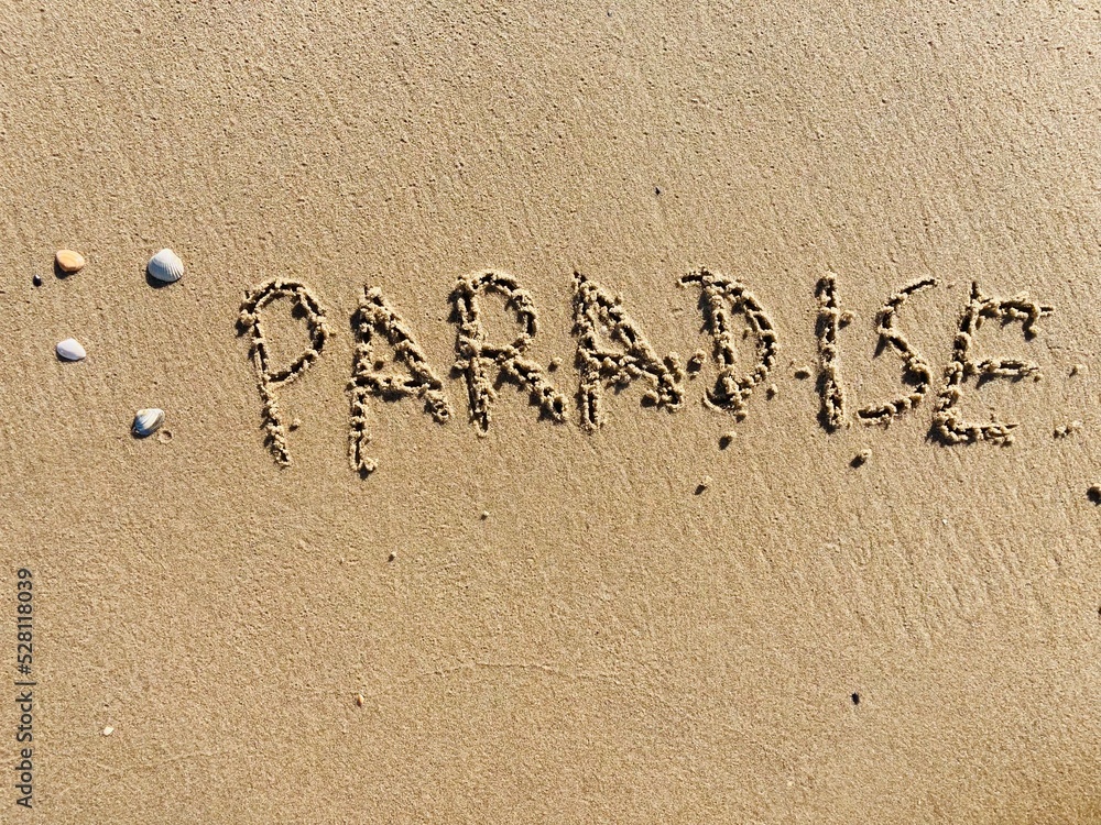 Fototapeta premium on the beach is carved with letters in the smooth sand the writing paradise