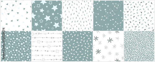 The set is a seamless pattern with simple geometric shapes, stars, constellations, lines, dots. Festive abstract pattern. Vector graphics.