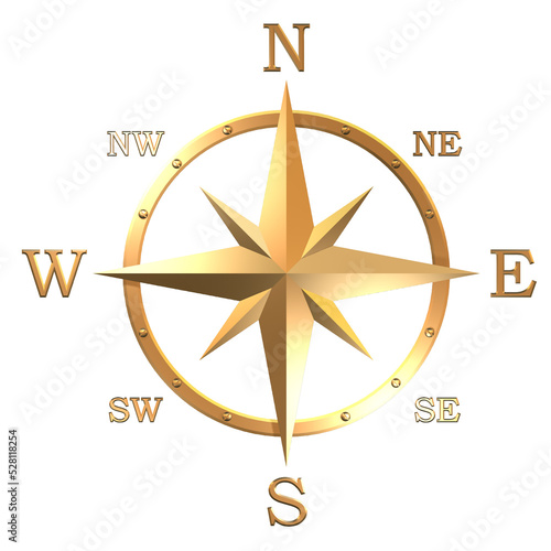 Wind rose compass from gold plated metal 