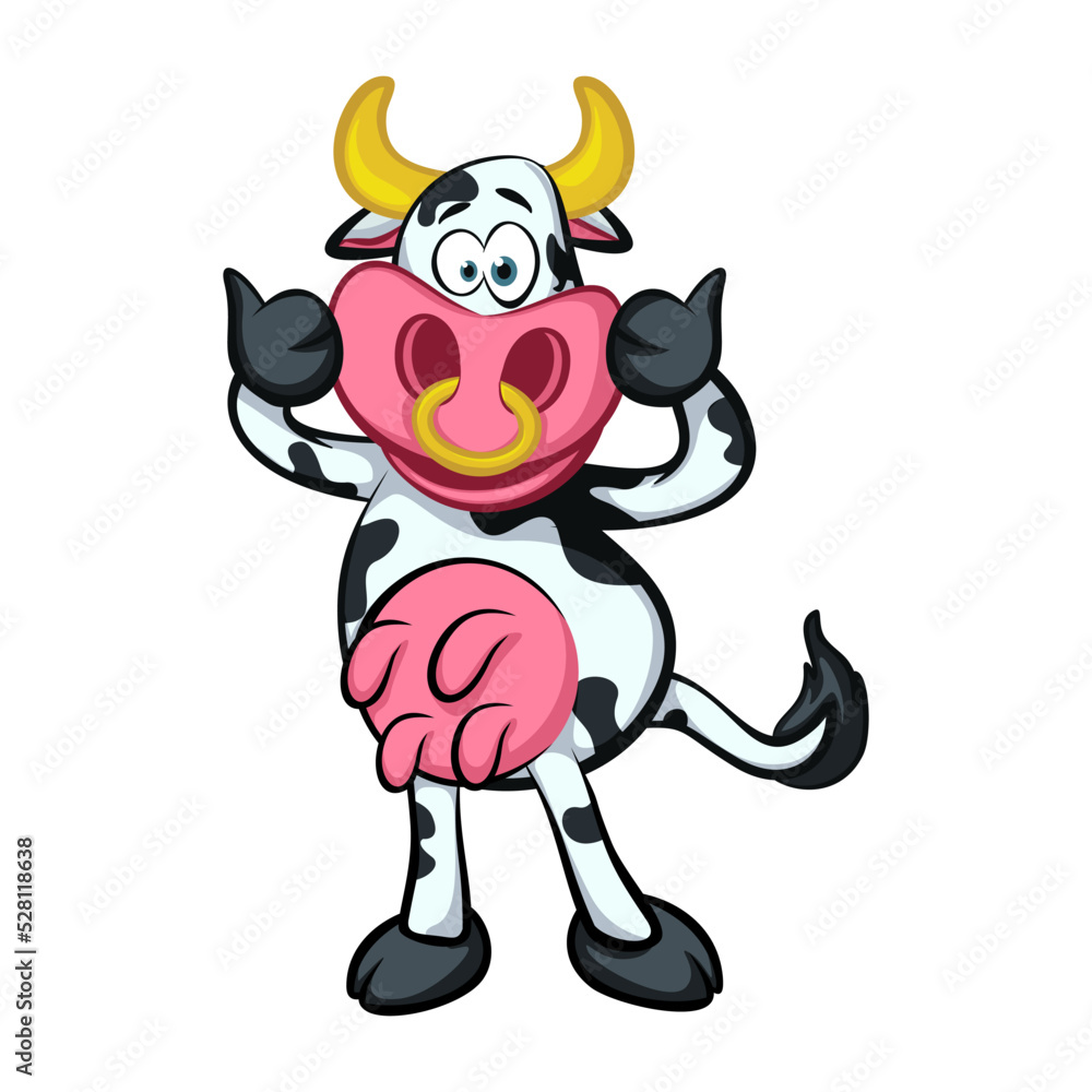 very enthusiastic and happy cow cartoon character mascot vector
