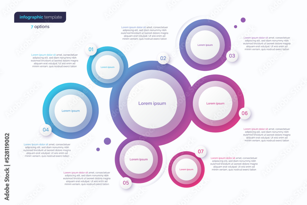 Abstract vector gradient minimalistic infographic template composed of 7 circles