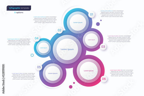 Abstract vector gradient minimalistic infographic template composed of 6 circles