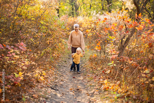 Little boy and his mother in autumn background with golden and red trees. Thanksgiving holiday season. © Marharyta