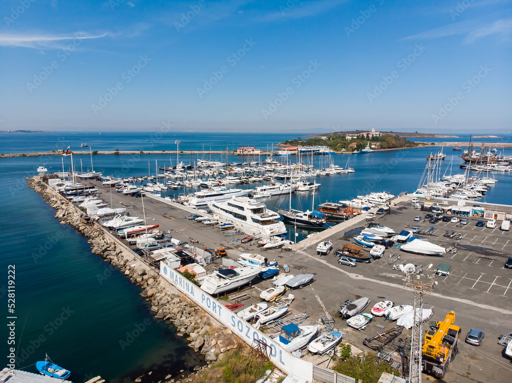 Aerial panoramic view of marina port in Sozopol in Bulgaria. Drone view from above. Summer holidays destination
