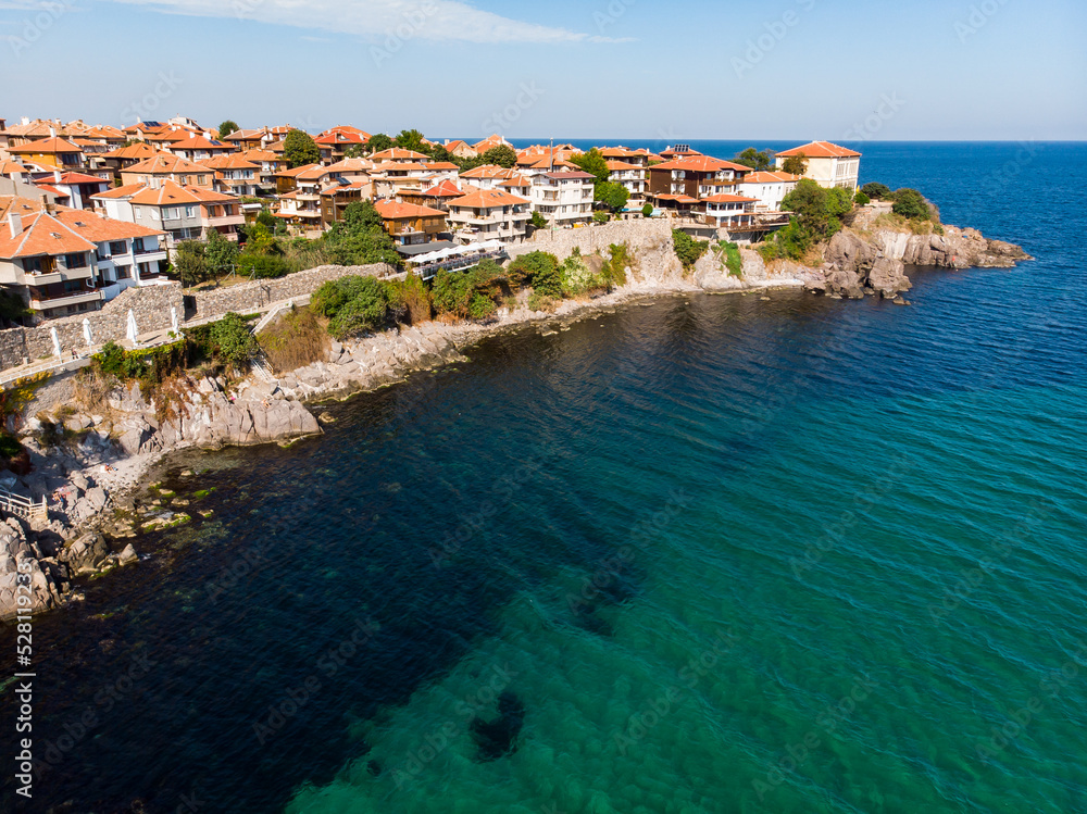Aerial view of medieval city Sozopol, Bulgaria and Black Sea. Drone view from above. Summer holidays destination