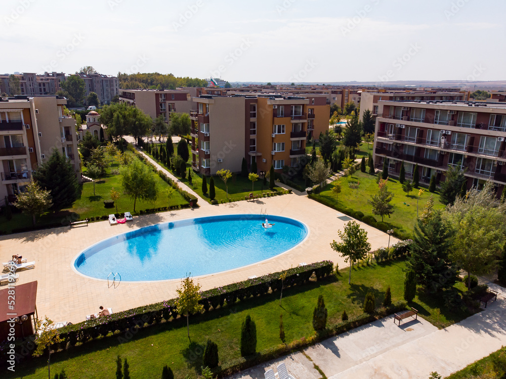 Residential complex and hotels with pool on Sunny Beach in Bulgaria. Summer holidays in Europe during quarantine.