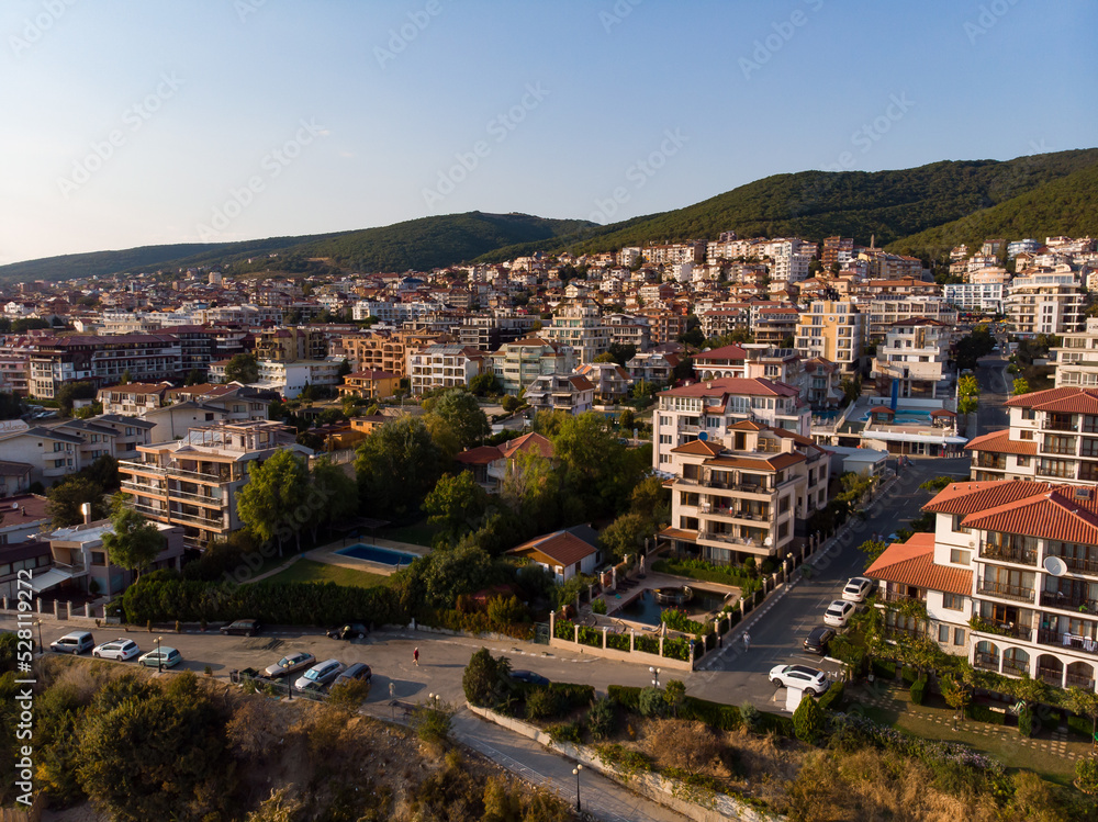 Sveti Vlas in Bulgaria. Aerial photography, drone view. Summer holidays in Europe during quarantine.