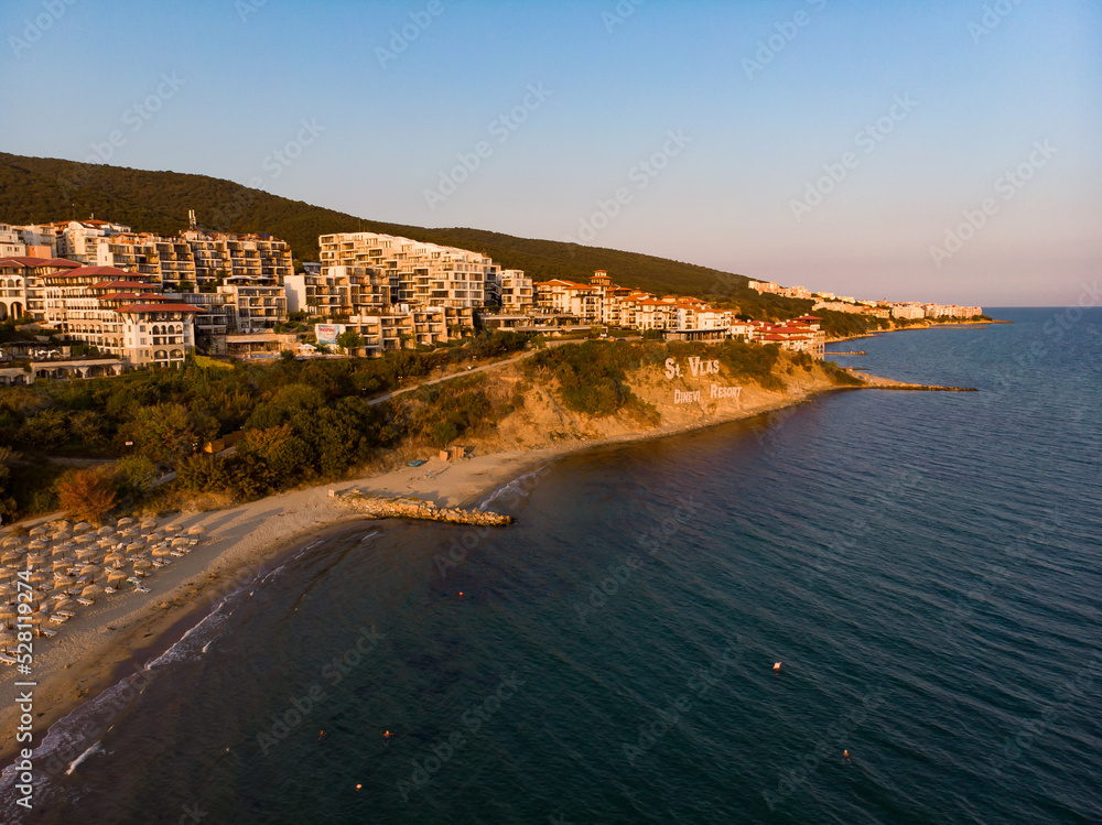 Sveti Vlas in Bulgaria. Aerial photography, drone view. Summer holidays in Europe during quarantine.